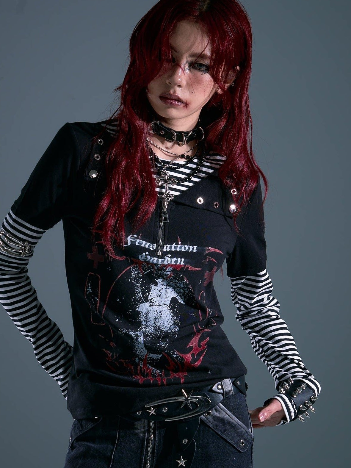 Frustration Garden Breathable Striped Studded Punk Layered Look Women Citywalk Long Sleeve T-Shirts