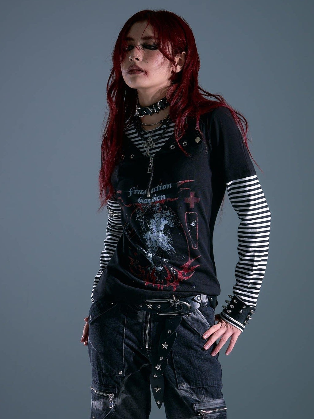 Frustration Garden Breathable Striped Studded Punk Layered Look Women Citywalk Long Sleeve T-Shirts