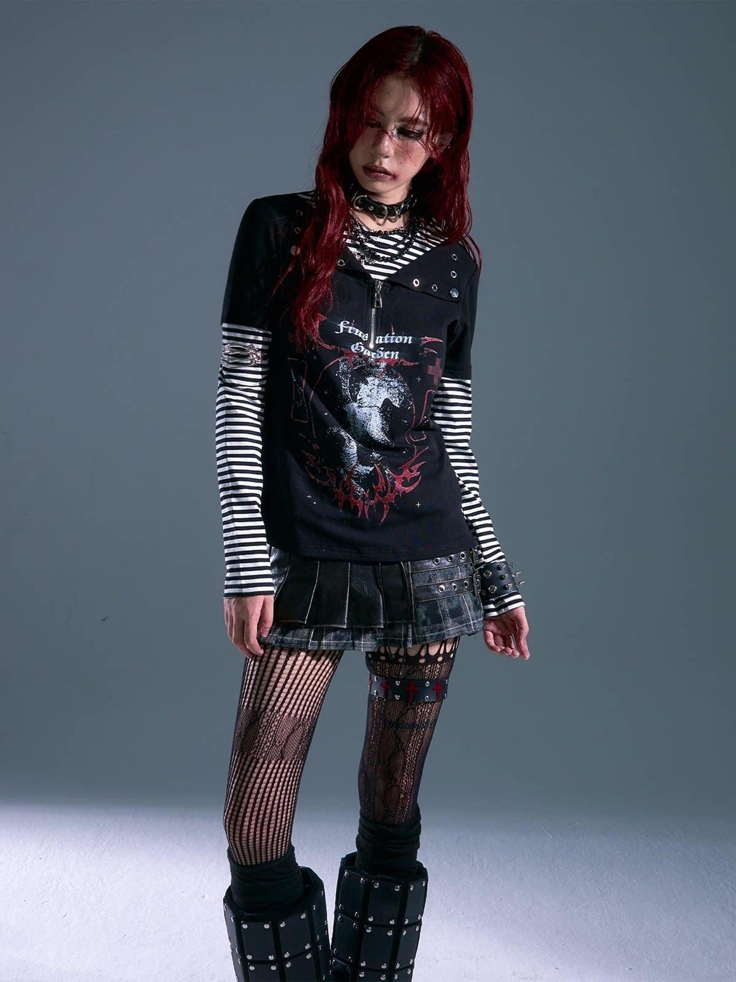Frustration Garden Breathable Striped Studded Punk Layered Look Women Citywalk Long Sleeve T-Shirts