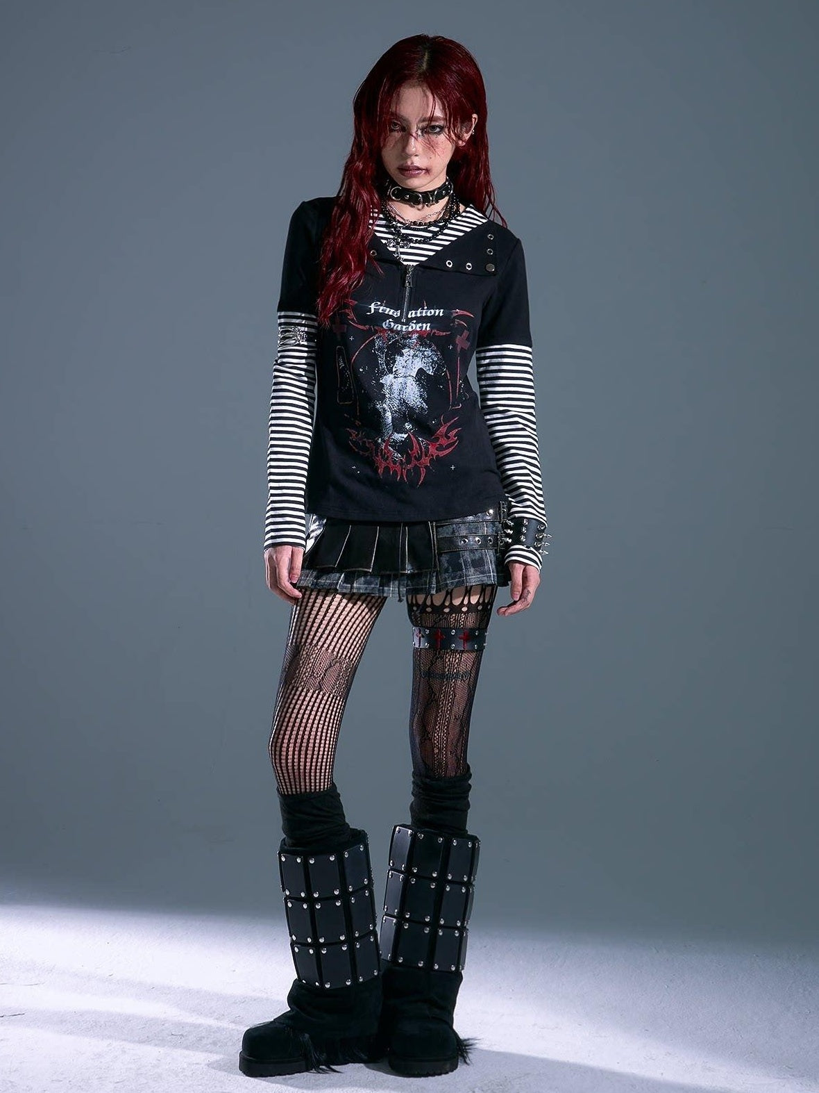Frustration Garden Breathable Striped Studded Punk Layered Look Women Citywalk Long Sleeve T-Shirts