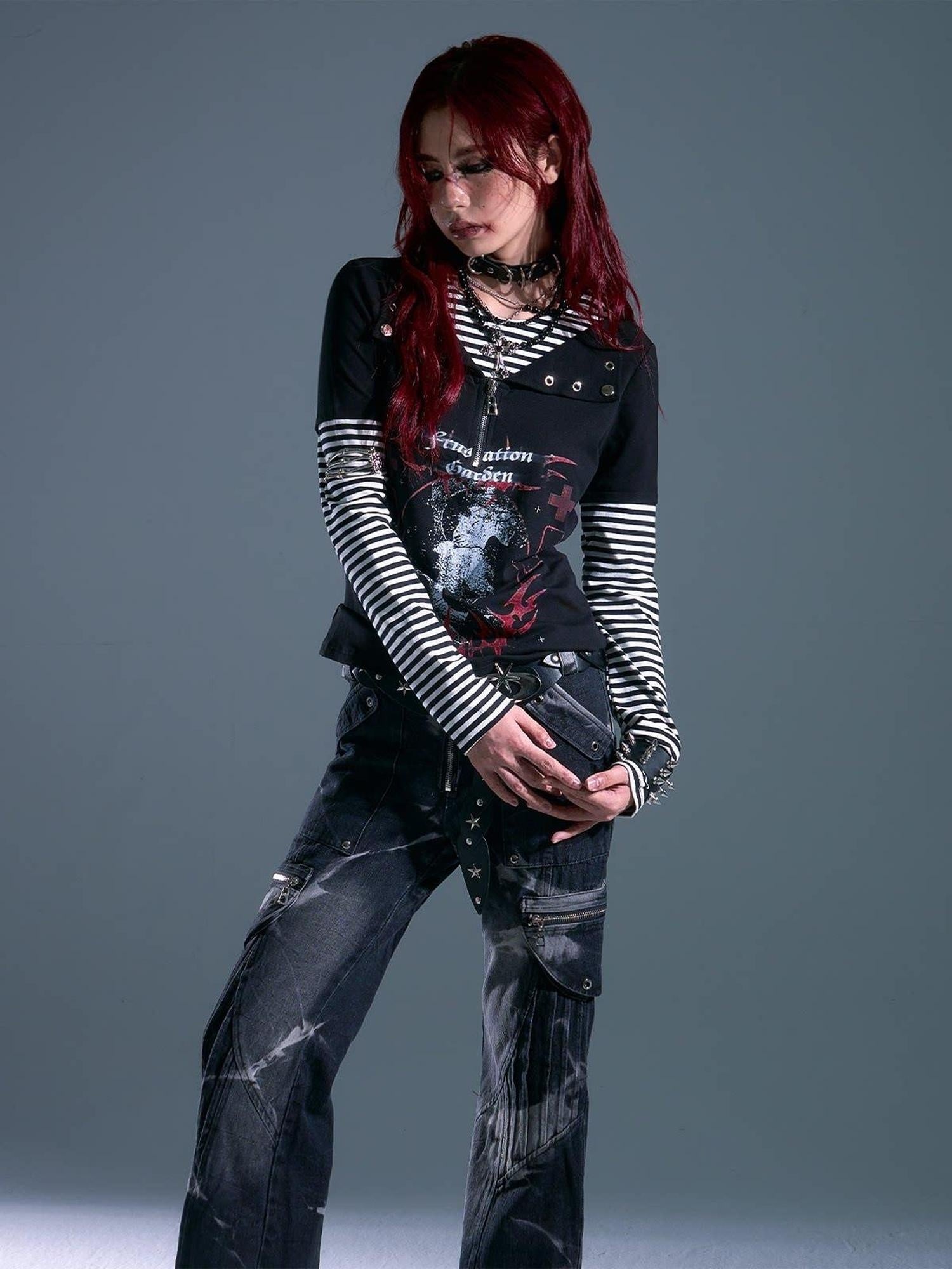 Frustration Garden Breathable Striped Studded Punk Layered Look Women Citywalk Long Sleeve T-Shirts