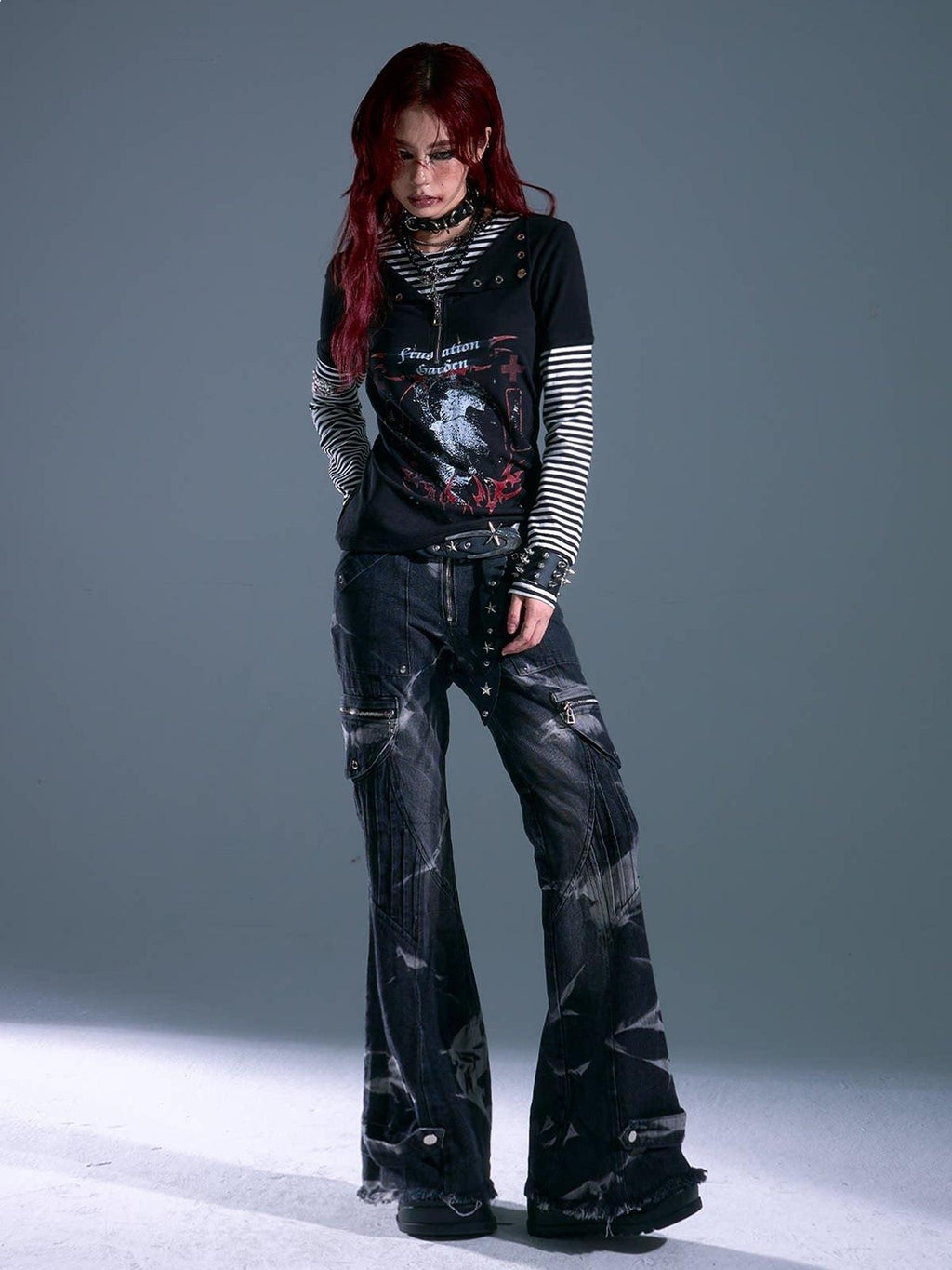 Frustration Garden Breathable Striped Studded Punk Layered Look Women Citywalk Long Sleeve T-Shirts