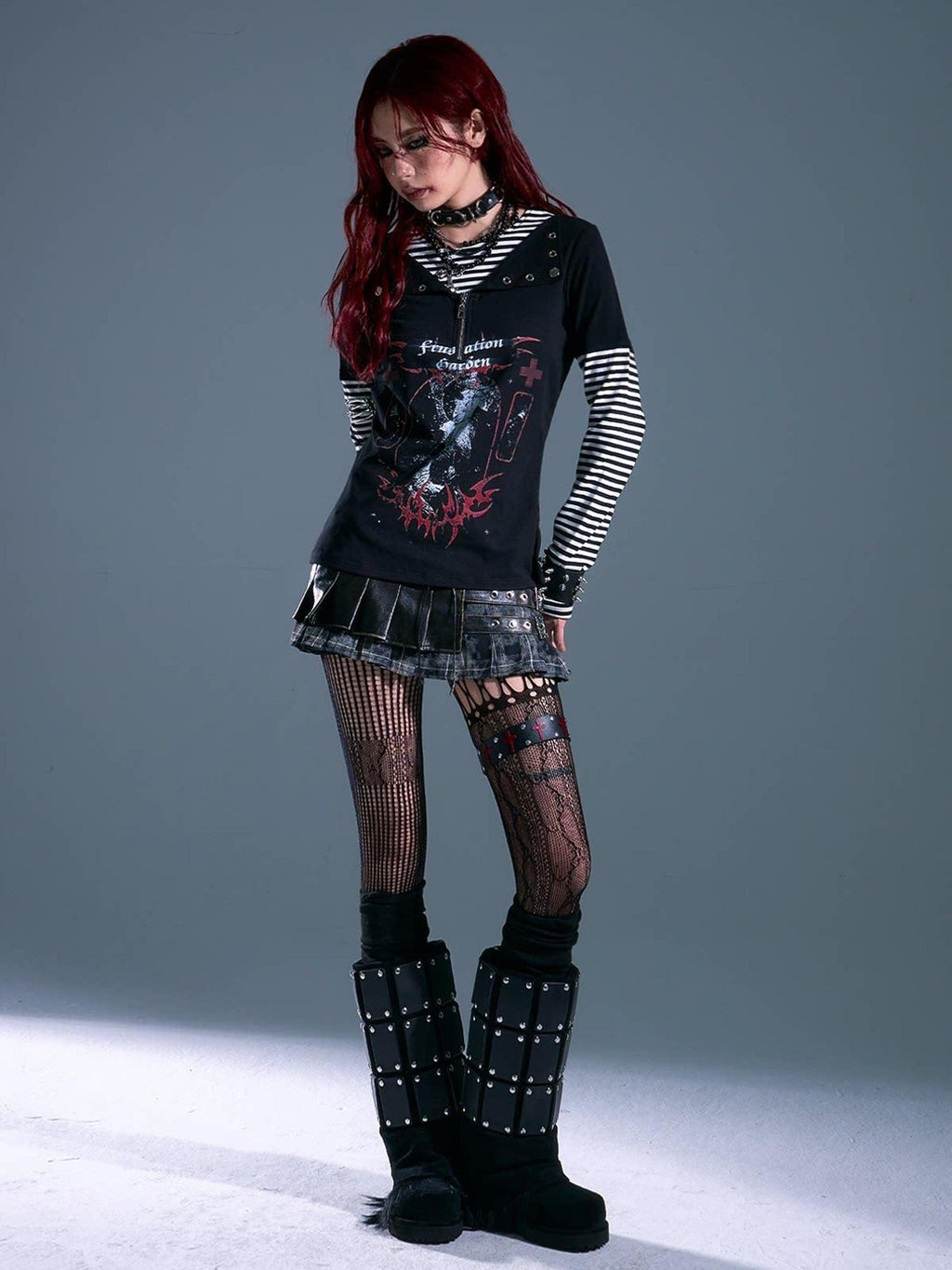 Frustration Garden Breathable Striped Studded Punk Layered Look Women Citywalk Long Sleeve T-Shirts