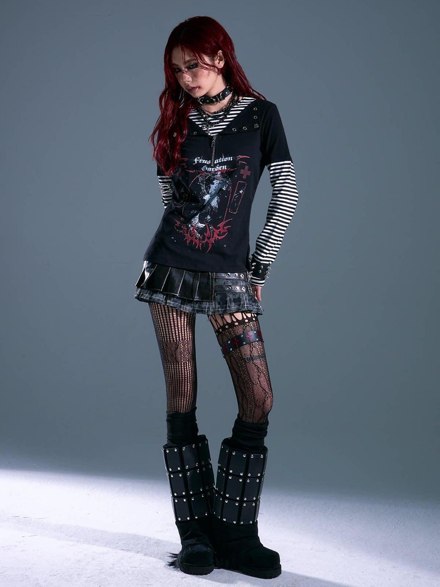 Frustration Garden Breathable Striped Studded Punk Layered Look Women Citywalk Long Sleeve T-Shirts