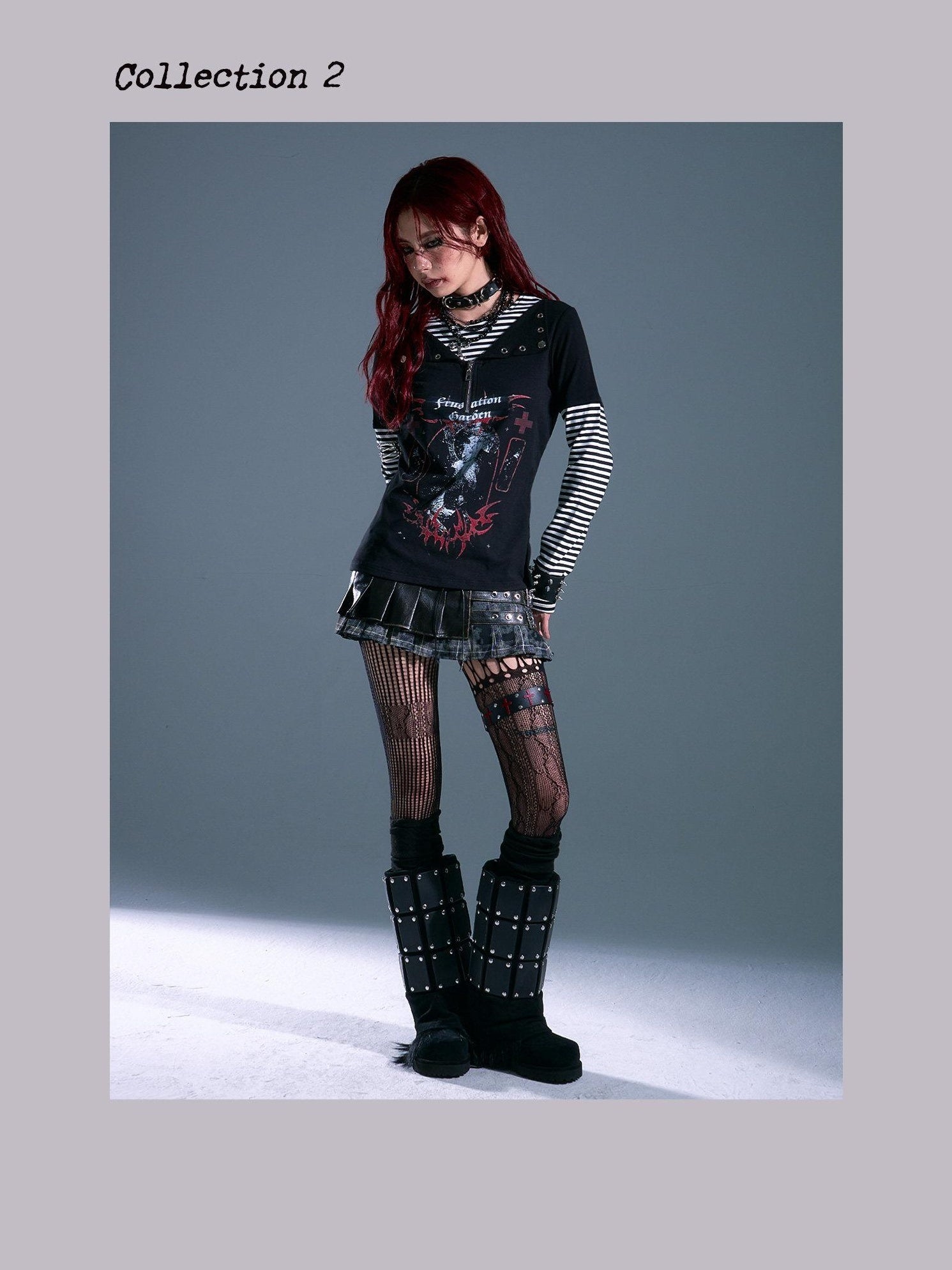 Frustration Garden Breathable Striped Studded Punk Layered Look Women Citywalk Long Sleeve T-Shirts