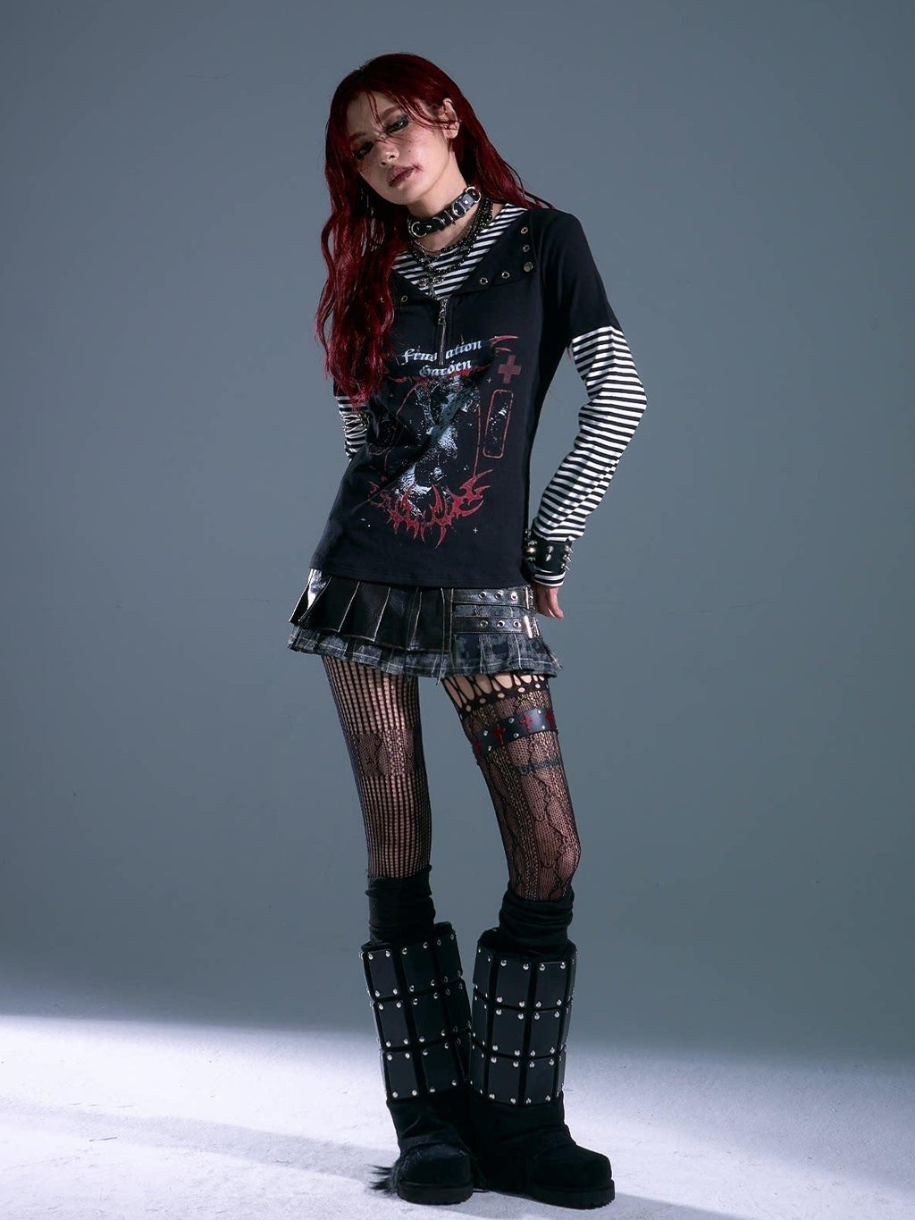 Frustration Garden Breathable Striped Studded Punk Layered Look Women Citywalk Long Sleeve T-Shirts