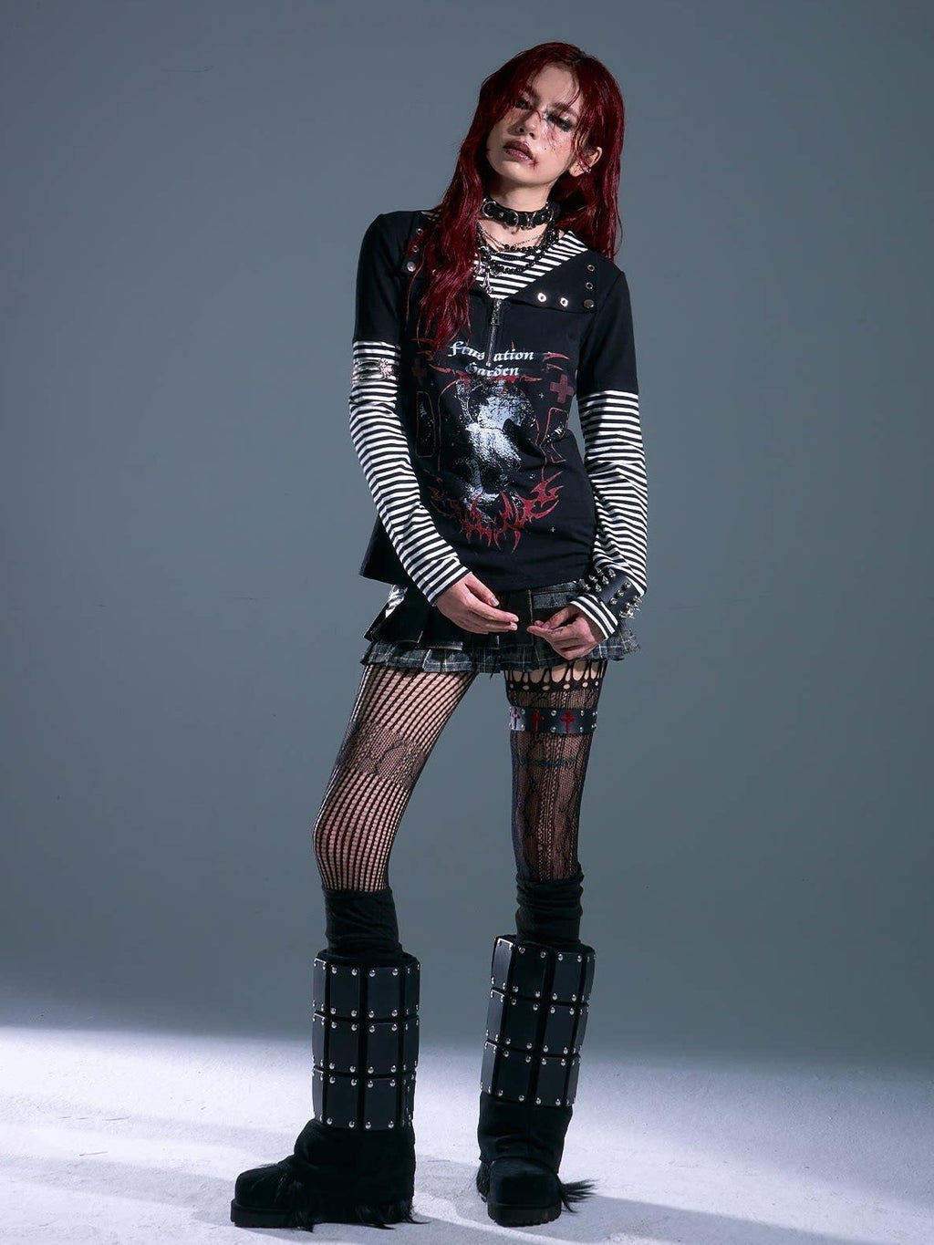 Frustration Garden Breathable Striped Studded Punk Layered Look Women Citywalk Long Sleeve T-Shirts