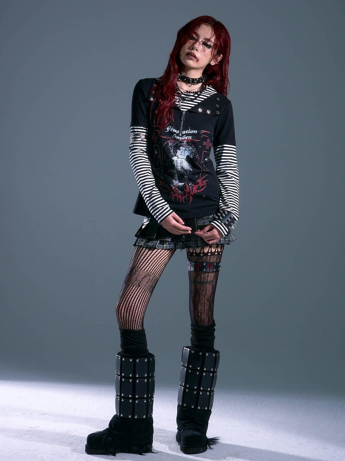 Frustration Garden Breathable Striped Studded Punk Layered Look Women Citywalk Long Sleeve T-Shirts