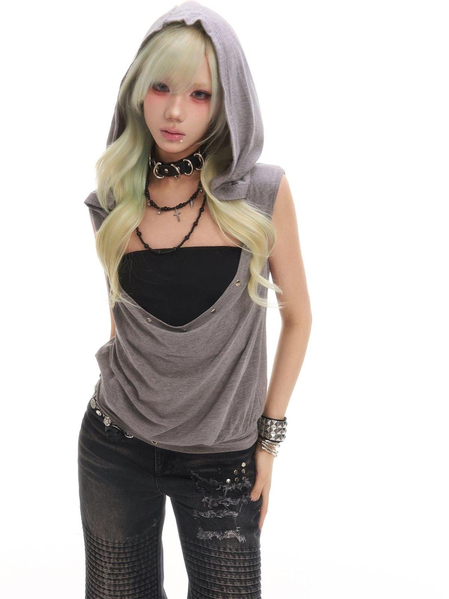Frustration Garden Button Studded High Stretch Sleek Pullover Slim Fit Women Black Grey Tank Tops