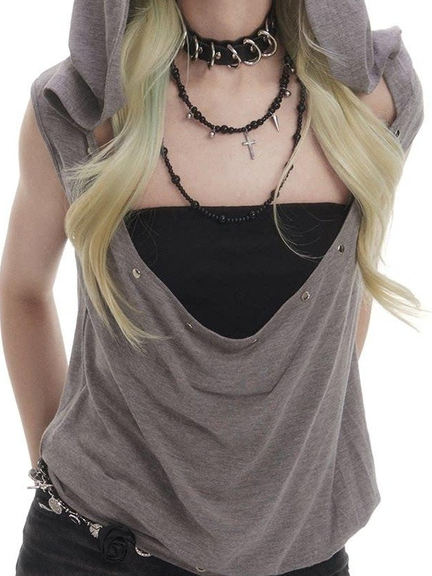 Frustration Garden Button Studded High Stretch Sleek Pullover Slim Fit Women Black Grey Tank Tops