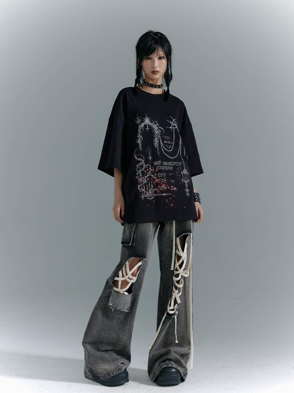 Frustration Garden Cotton Street Punk Graphic Loose Unisex Black Crew Neck Short Sleeve T-Shirts