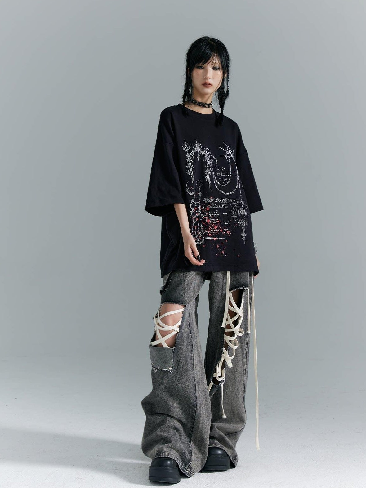 Frustration Garden Cotton Street Punk Graphic Loose Unisex Black Crew Neck Short Sleeve T-Shirts