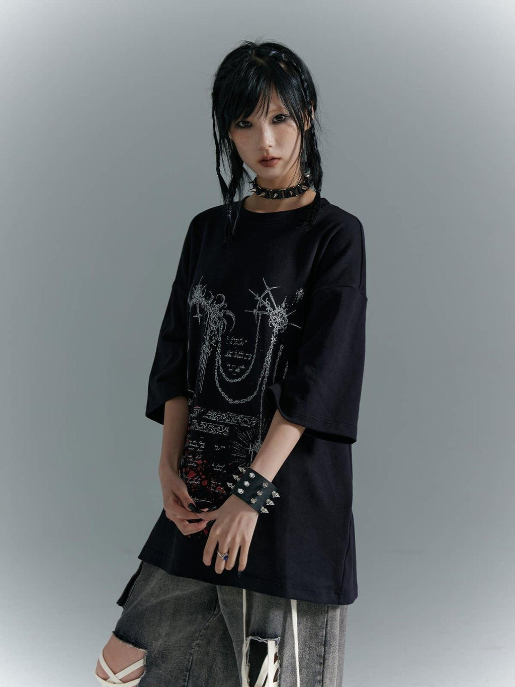 Frustration Garden Cotton Street Punk Graphic Loose Unisex Black Crew Neck Short Sleeve T-Shirts