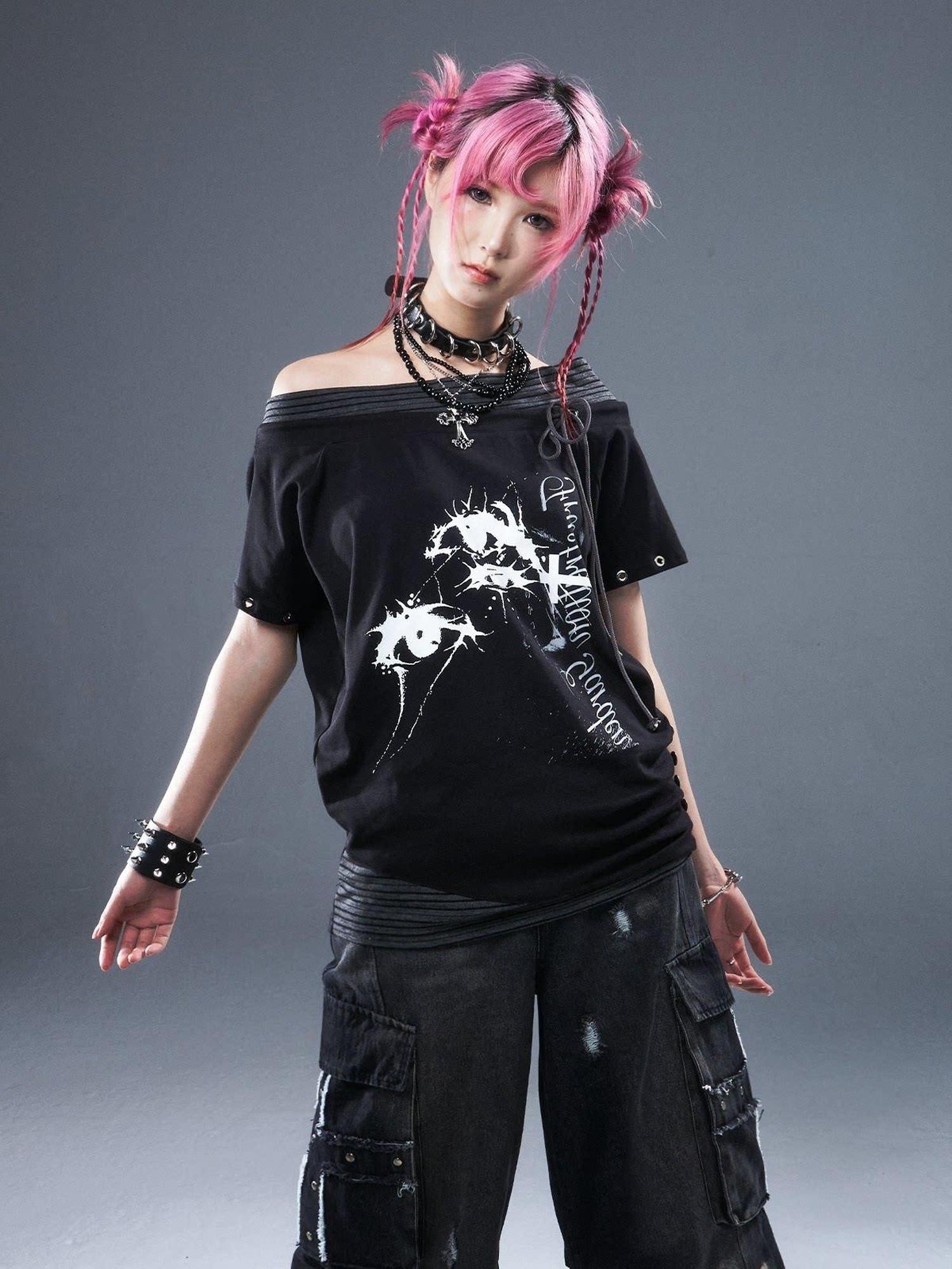 Frustration Garden Cotton Stretch Loose Punk Street Asymmetric Black Short Sleeve T-Shirts