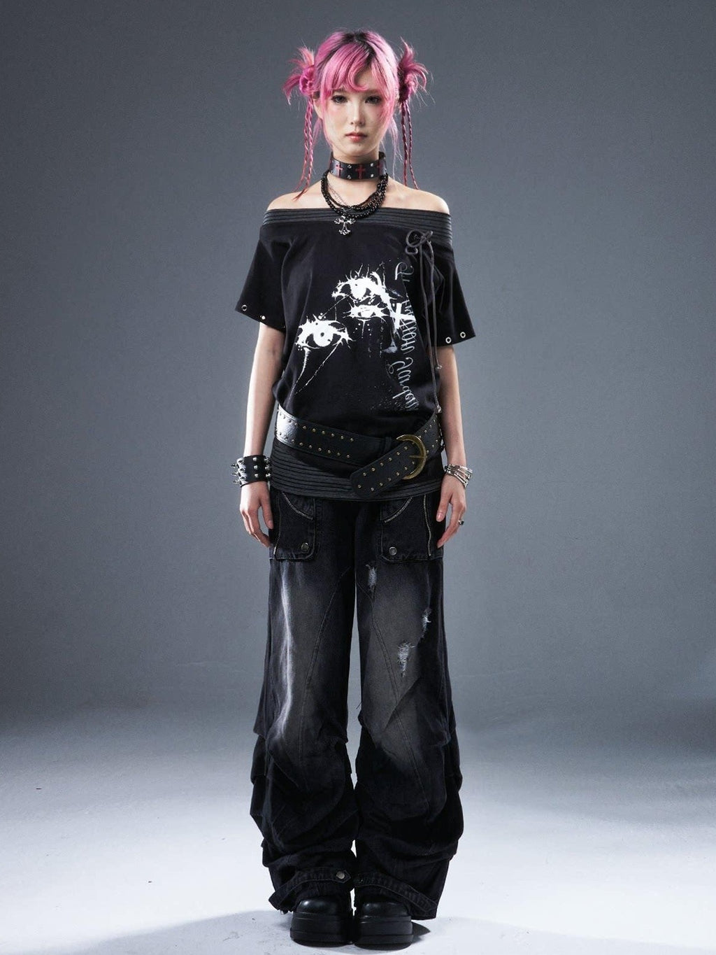 Frustration Garden Cotton Stretch Loose Punk Street Asymmetric Black Short Sleeve T-Shirts