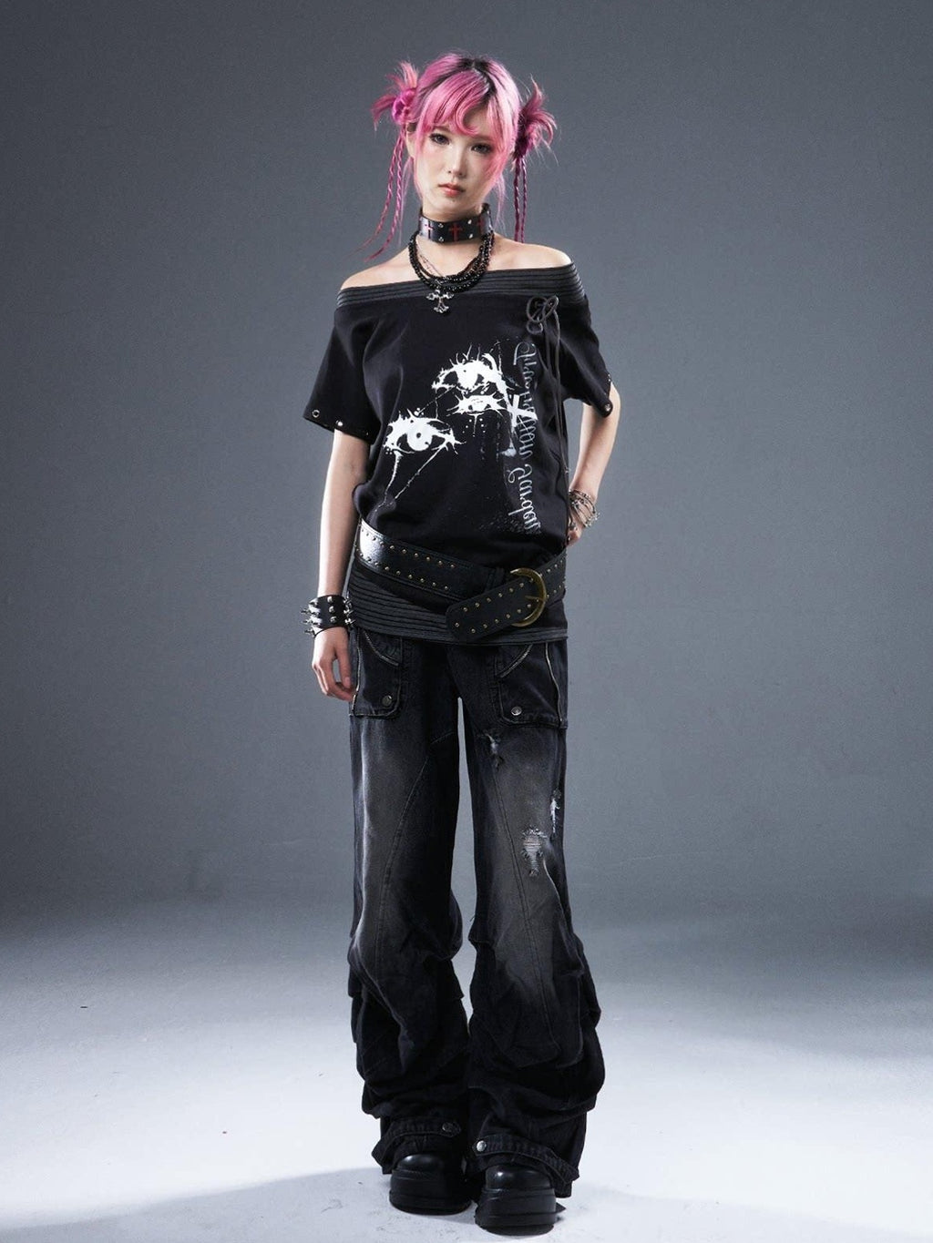 Frustration Garden Cotton Stretch Loose Punk Street Asymmetric Black Short Sleeve T-Shirts