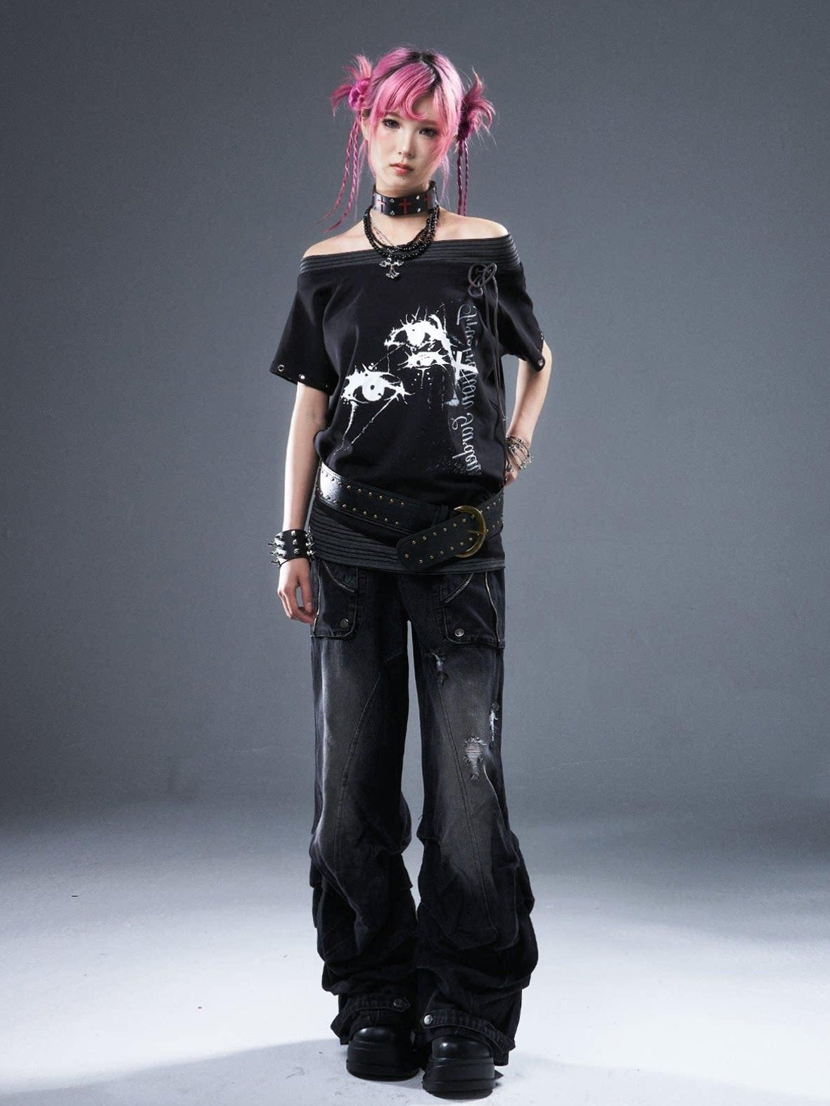 Frustration Garden Cotton Stretch Loose Punk Street Asymmetric Black Short Sleeve T-Shirts