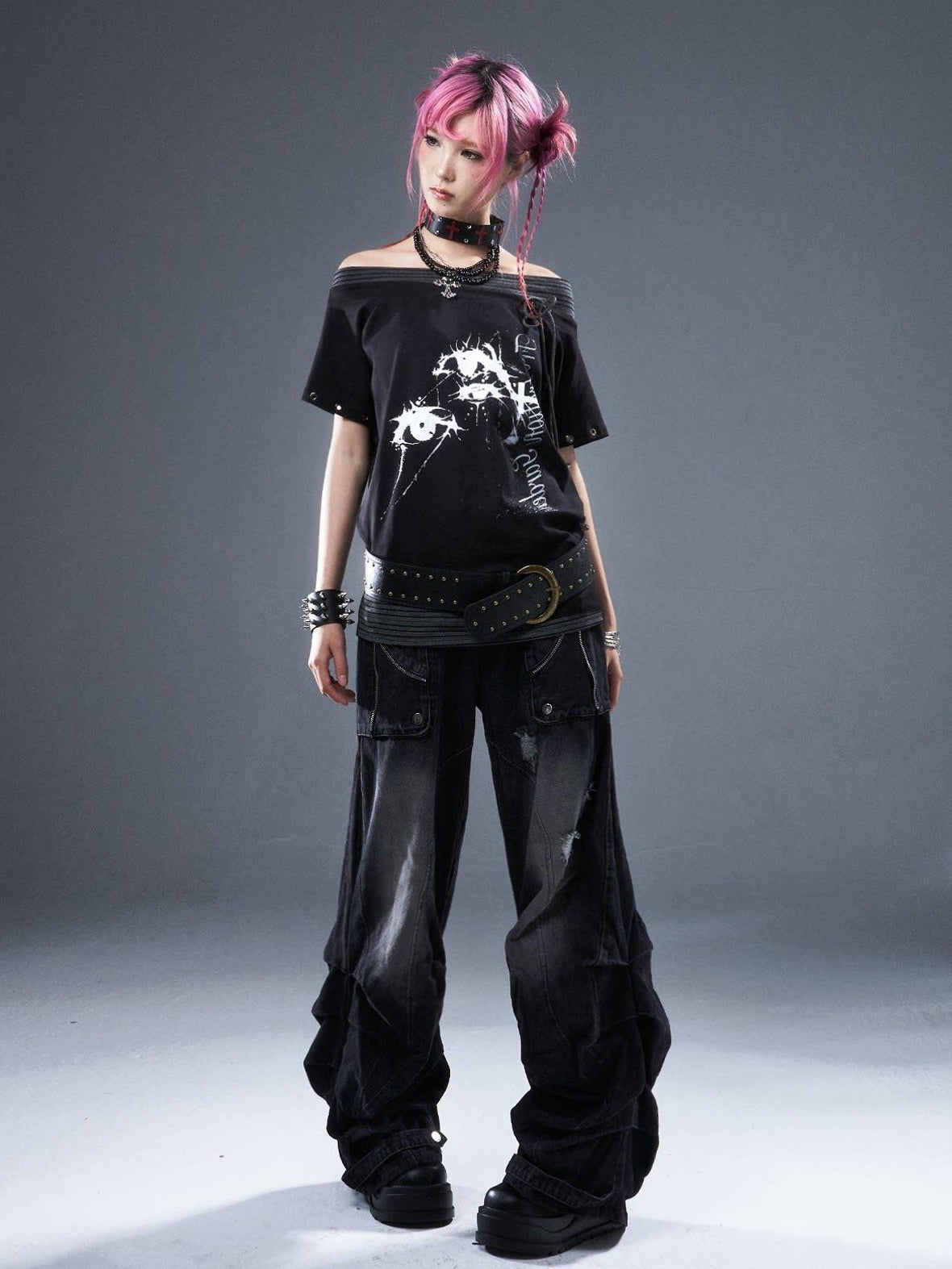 Frustration Garden Cotton Stretch Loose Punk Street Asymmetric Black Short Sleeve T-Shirts