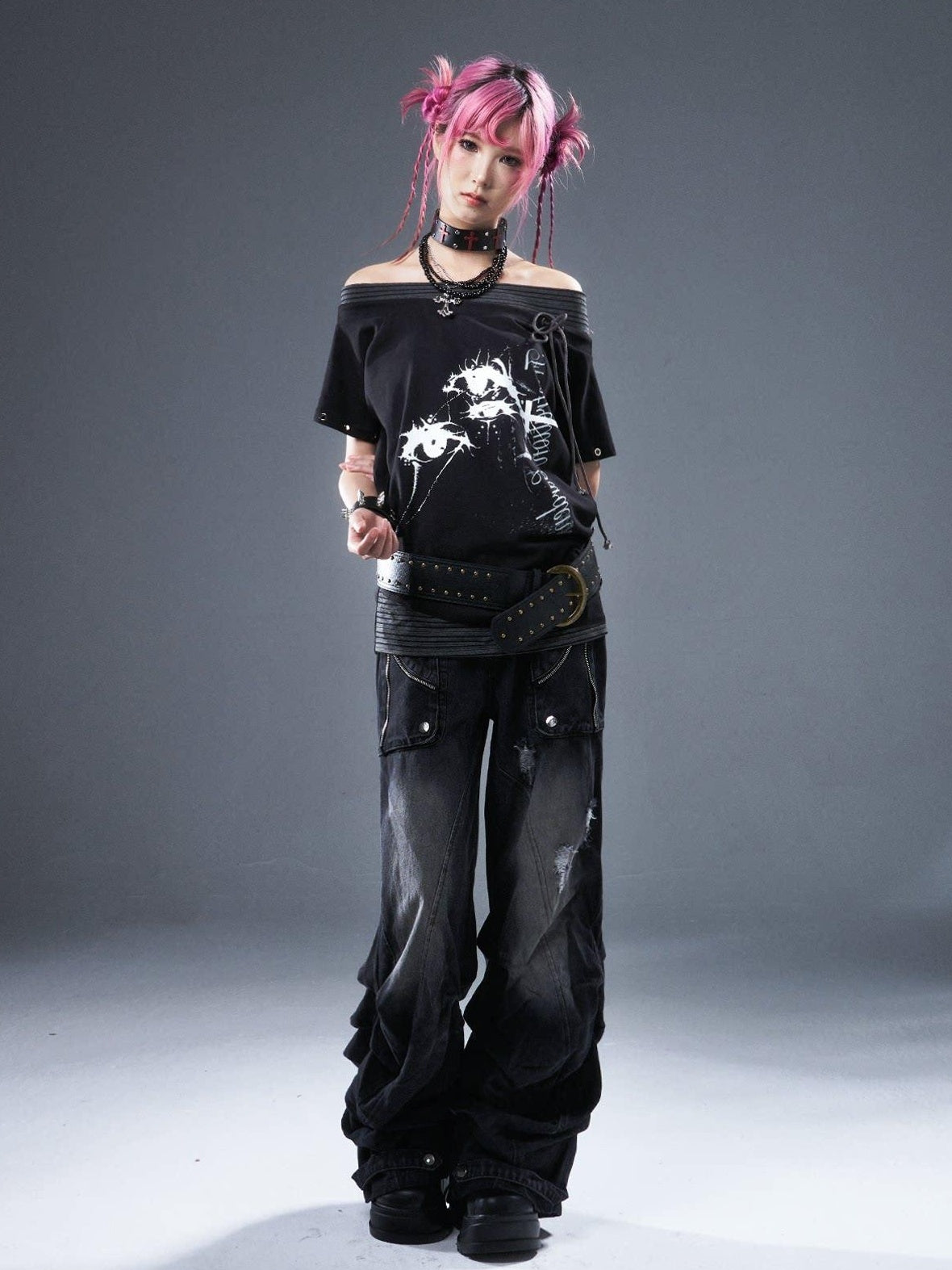 Frustration Garden Cotton Stretch Loose Punk Street Asymmetric Black Short Sleeve T-Shirts