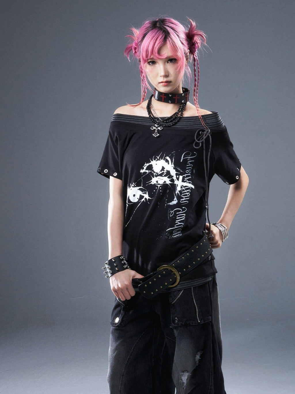 Frustration Garden Cotton Stretch Loose Punk Street Asymmetric Black Short Sleeve T-Shirts