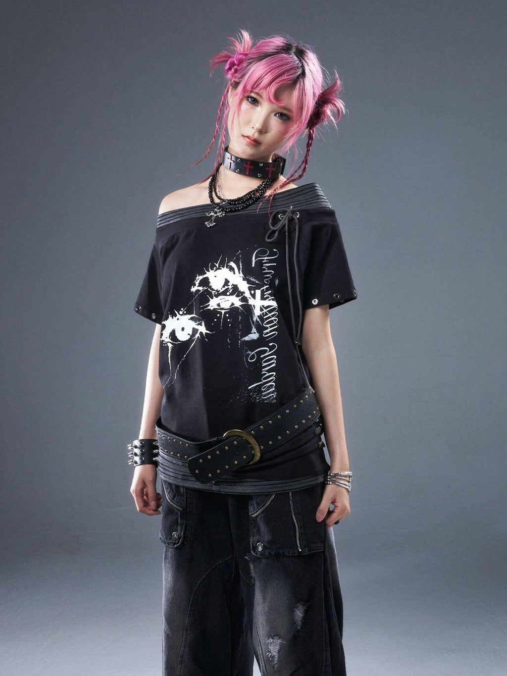 Frustration Garden Cotton Stretch Loose Punk Street Asymmetric Black Short Sleeve T-Shirts