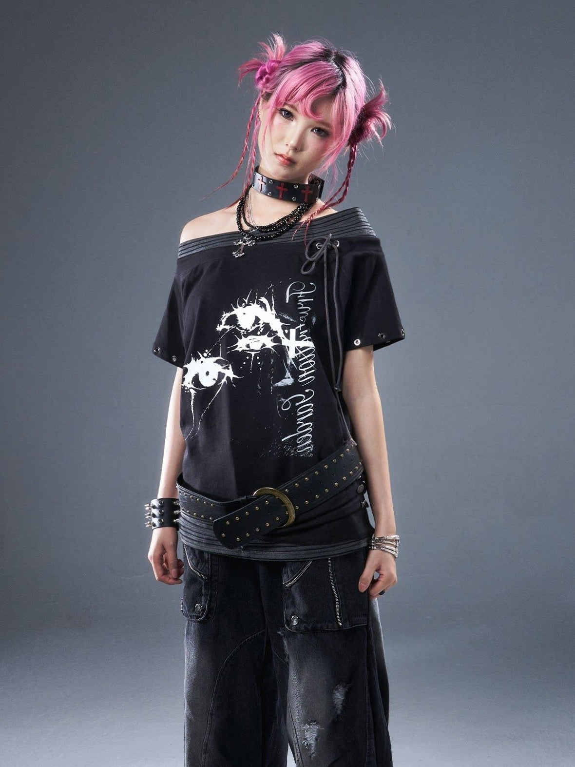 Frustration Garden Cotton Stretch Loose Punk Street Asymmetric Black Short Sleeve T-Shirts