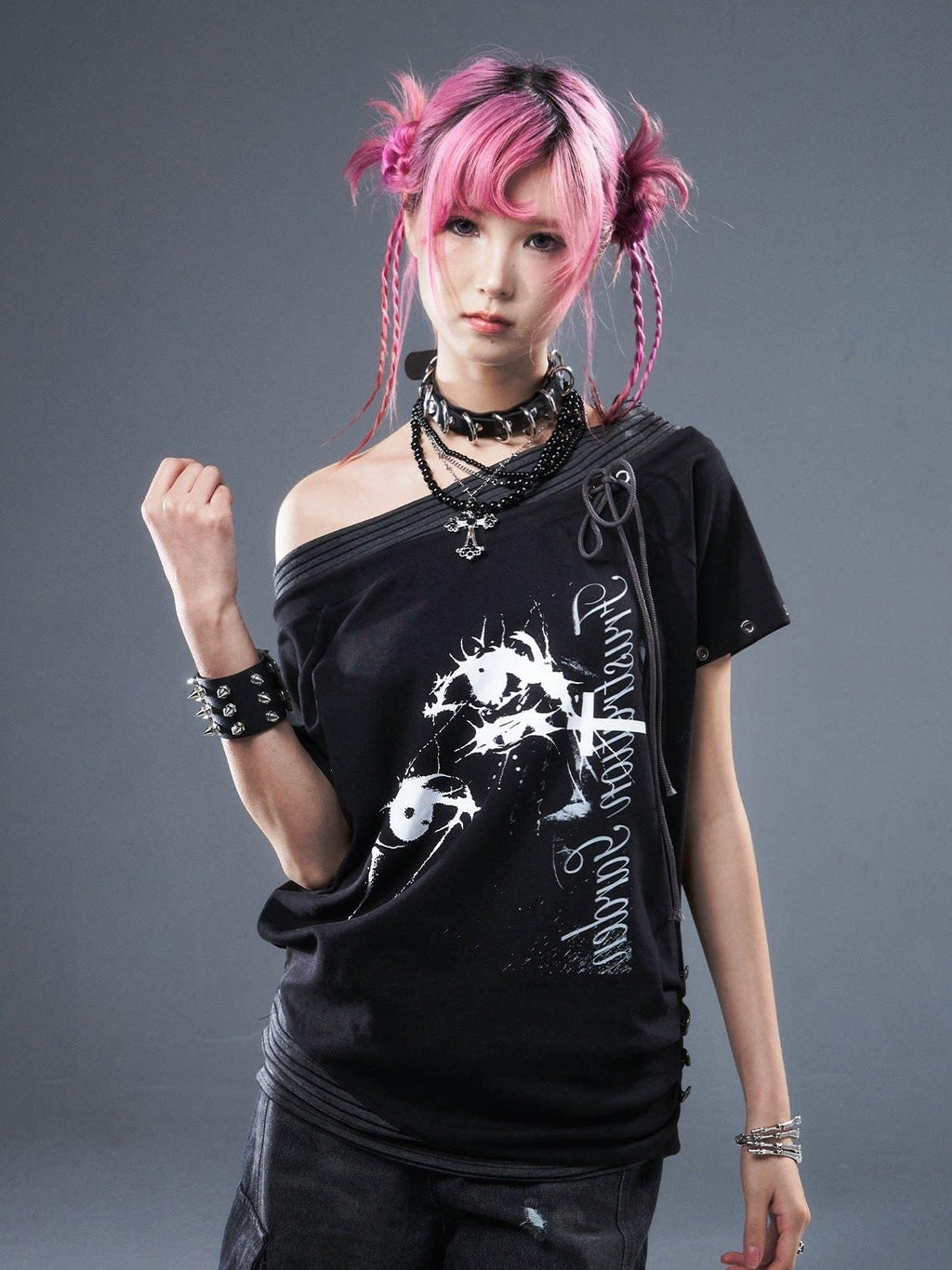 Frustration Garden Cotton Stretch Loose Punk Street Asymmetric Black Short Sleeve T-Shirts
