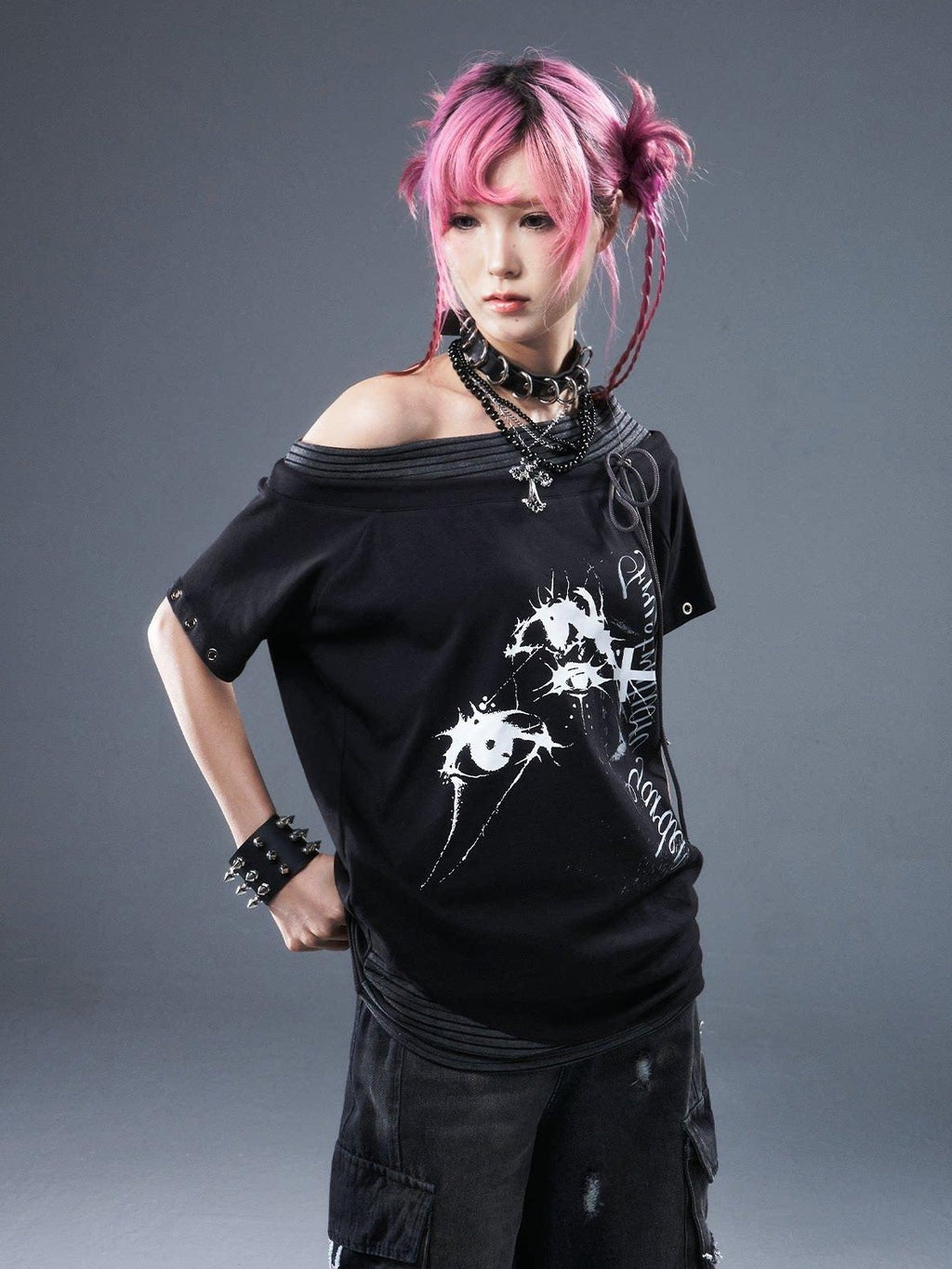 Frustration Garden Cotton Stretch Loose Punk Street Asymmetric Black Short Sleeve T-Shirts