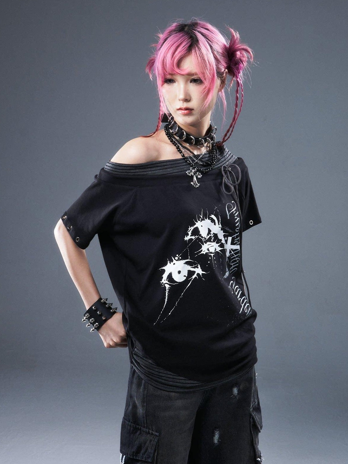 Frustration Garden Cotton Stretch Loose Punk Street Asymmetric Black Short Sleeve T-Shirts