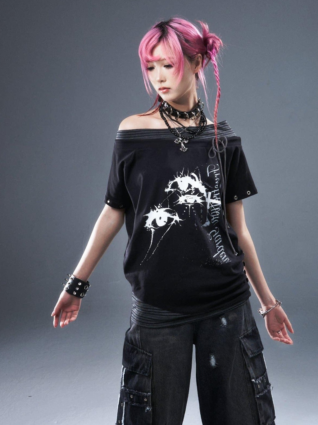 Frustration Garden Cotton Stretch Loose Punk Street Asymmetric Black Short Sleeve T-Shirts