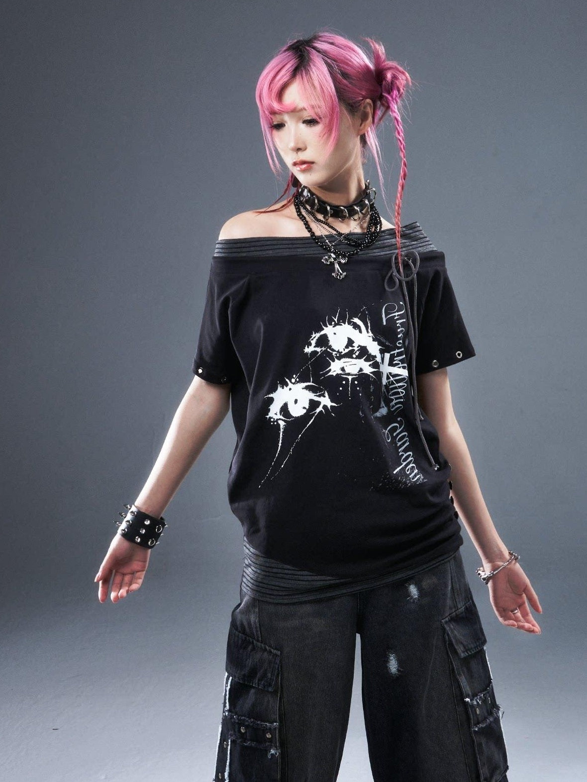 Frustration Garden Cotton Stretch Loose Punk Street Asymmetric Black Short Sleeve T-Shirts