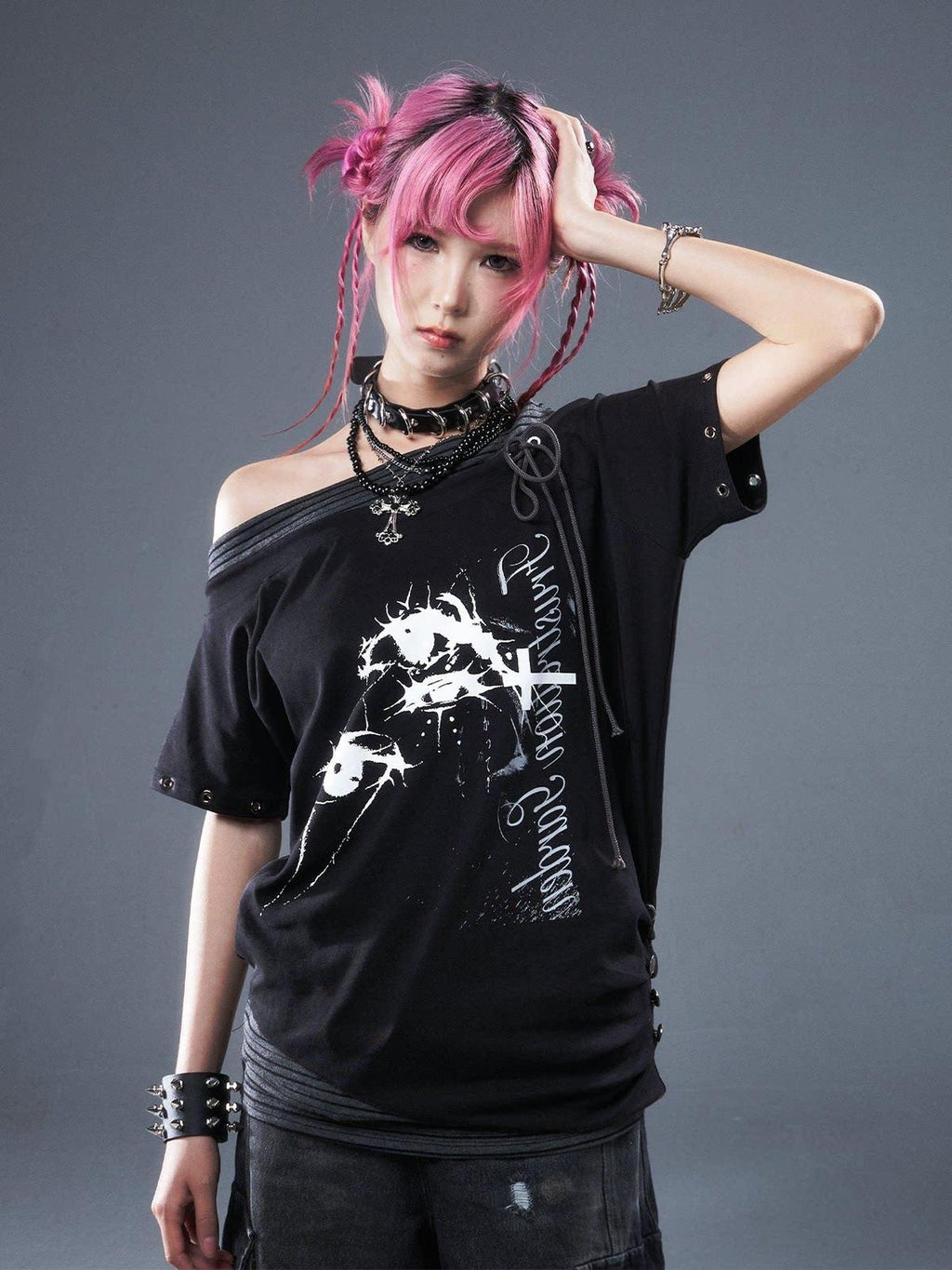 Frustration Garden Cotton Stretch Loose Punk Street Asymmetric Black Short Sleeve T-Shirts