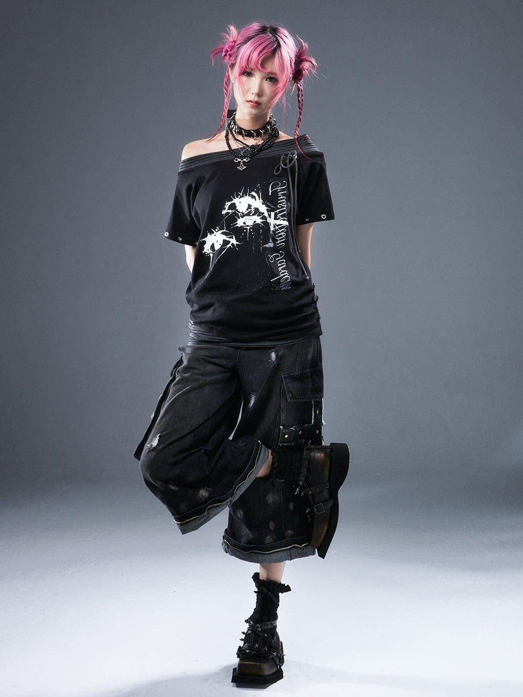 Frustration Garden Cotton Stretch Loose Punk Street Asymmetric Black Short Sleeve T-Shirts