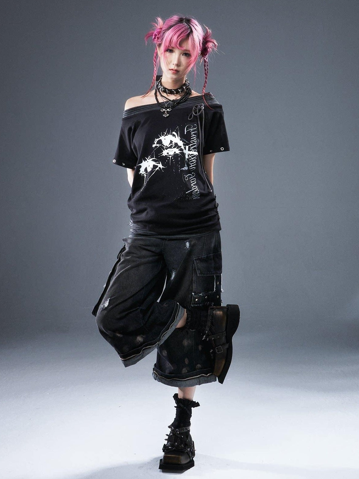 Frustration Garden Cotton Stretch Loose Punk Street Asymmetric Black Short Sleeve T-Shirts