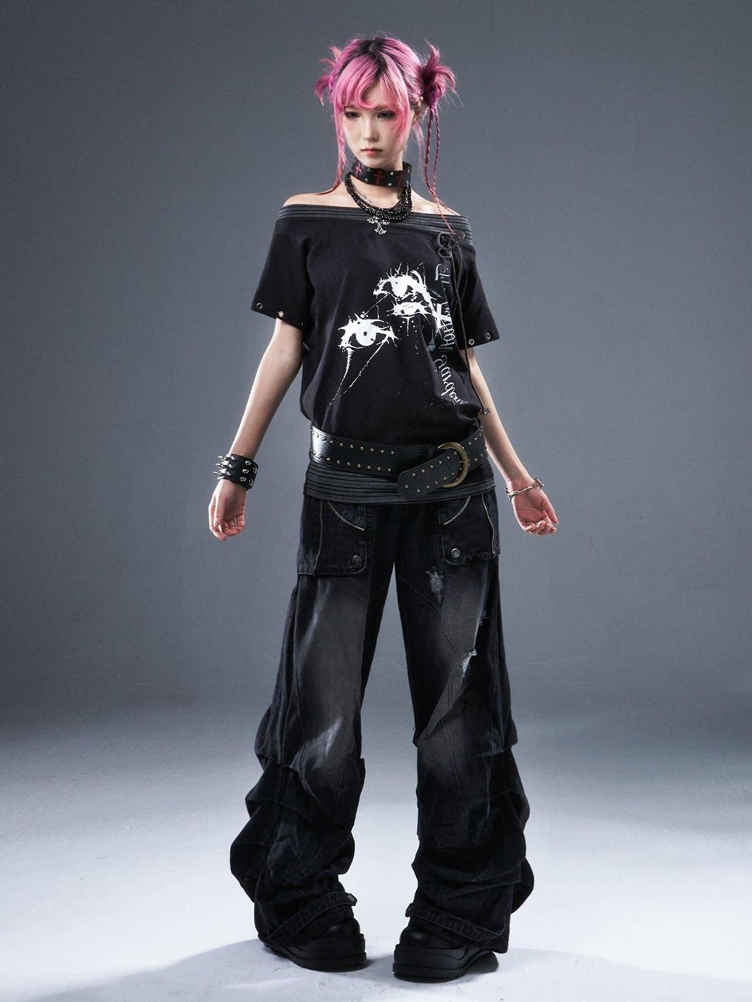 Frustration Garden Cotton Stretch Loose Punk Street Asymmetric Black Short Sleeve T-Shirts