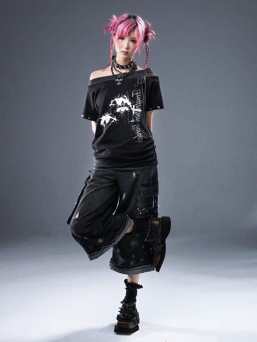 Frustration Garden Cotton Stretch Loose Punk Street Asymmetric Black Short Sleeve T-Shirts