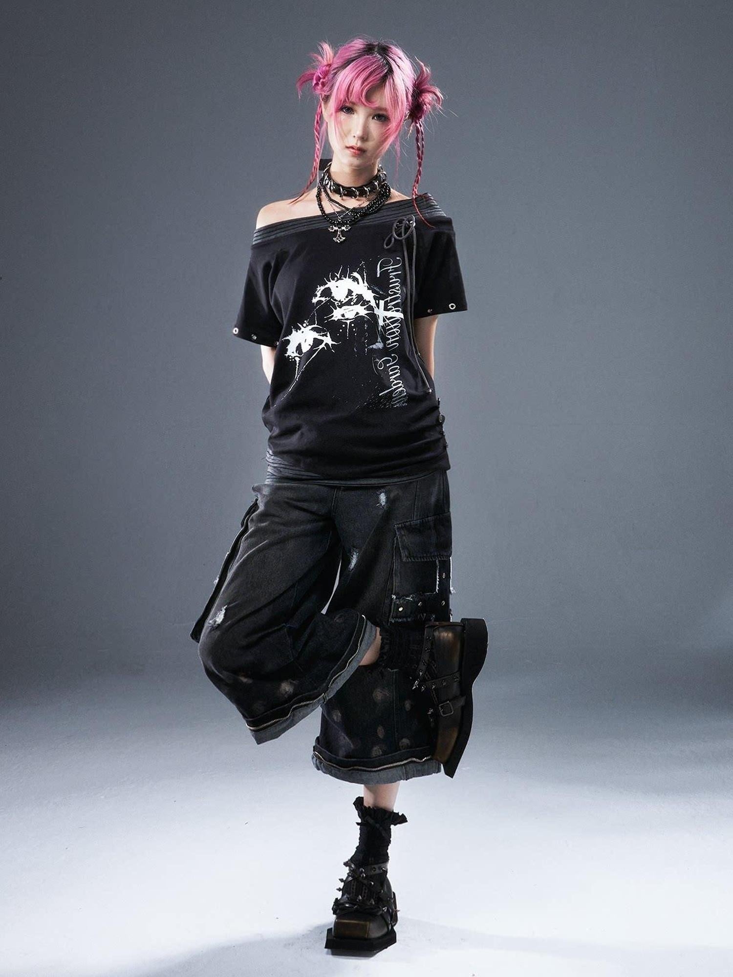 Frustration Garden Cotton Stretch Loose Punk Street Asymmetric Black Short Sleeve T-Shirts