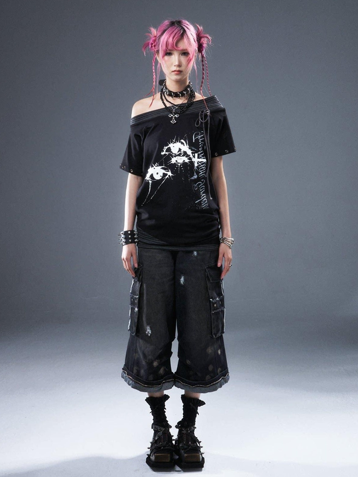 Frustration Garden Cotton Stretch Loose Punk Street Asymmetric Black Short Sleeve T-Shirts