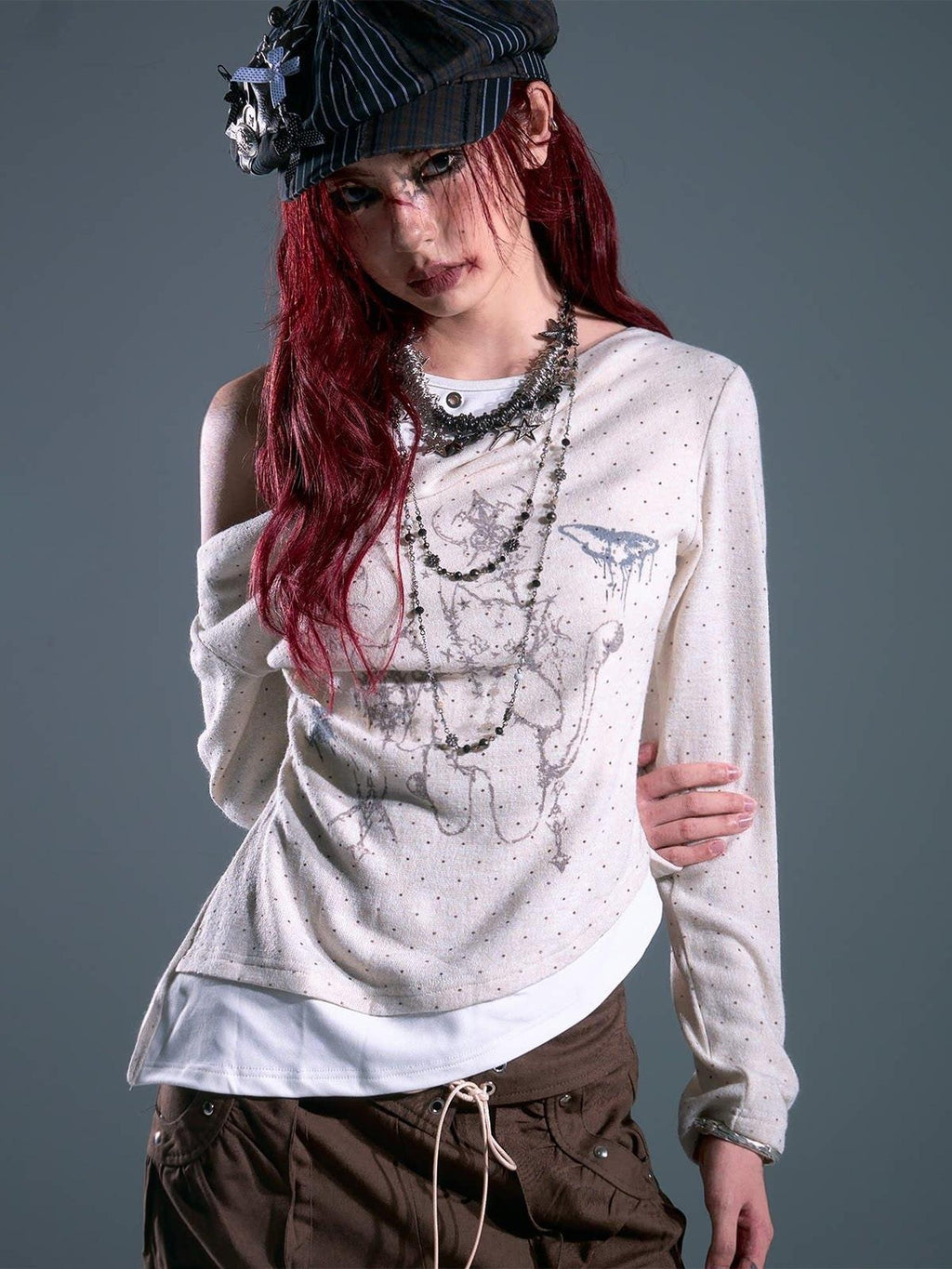 Frustration Garden Cream Polka Dot Slim Fit Layered Pullover Casual Women Long Sleeve T-Shirts
