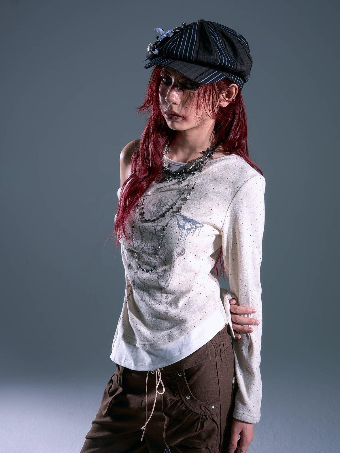 Frustration Garden Cream Polka Dot Slim Fit Layered Pullover Casual Women Long Sleeve T-Shirts