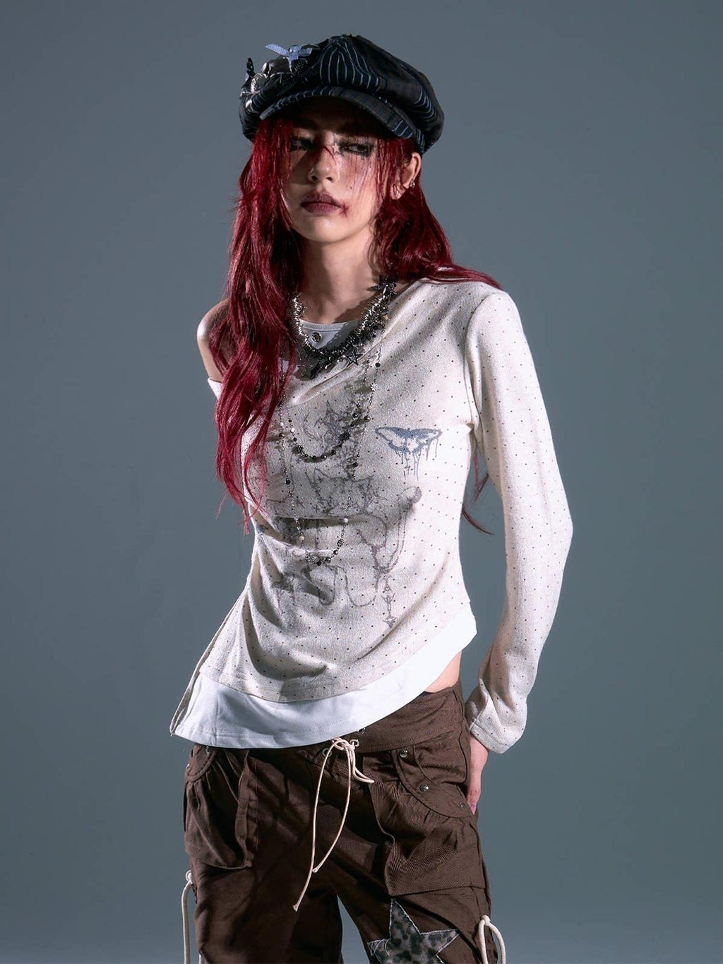 Frustration Garden Cream Polka Dot Slim Fit Layered Pullover Casual Women Long Sleeve T-Shirts