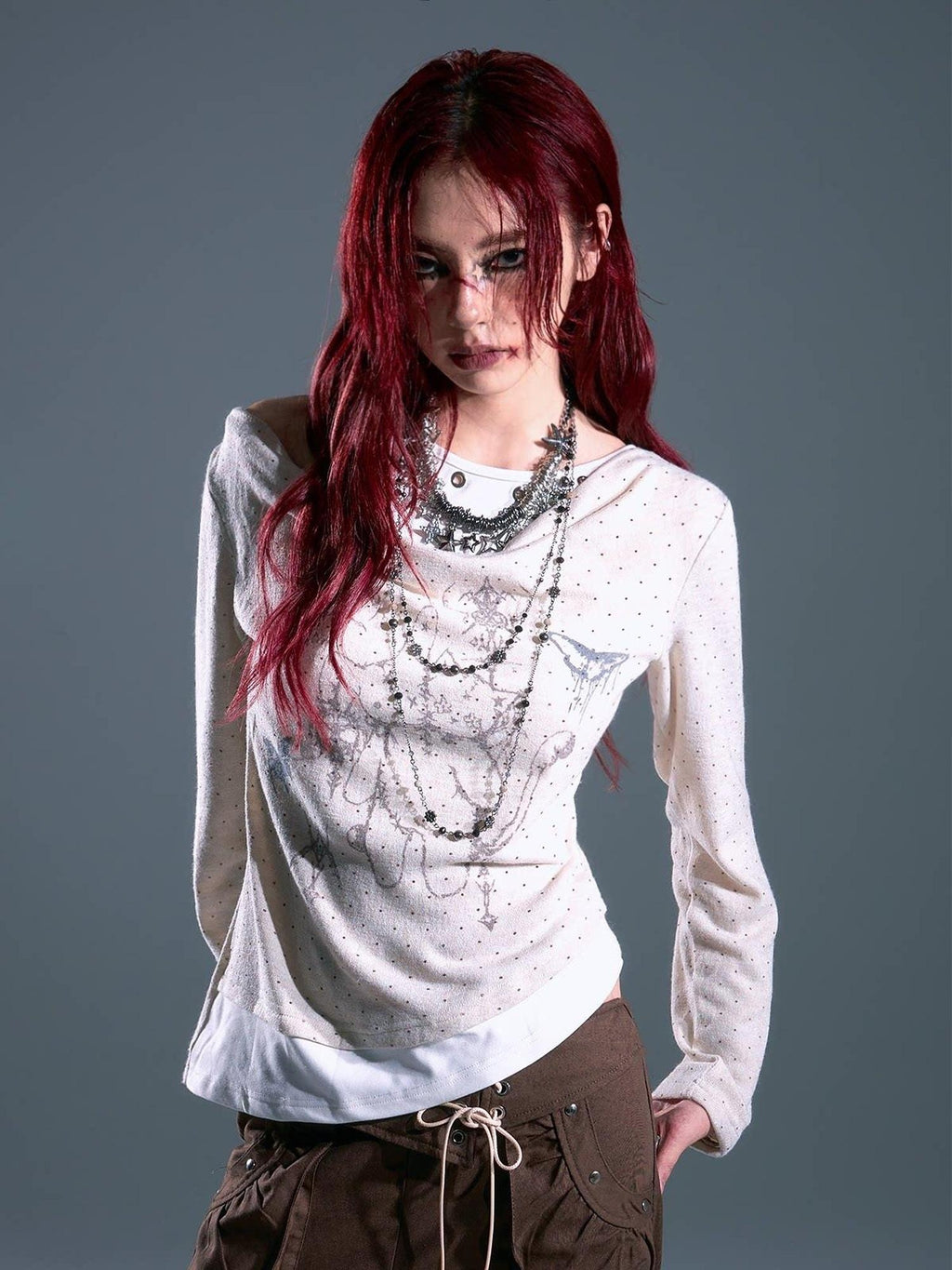 Frustration Garden Cream Polka Dot Slim Fit Layered Pullover Casual Women Long Sleeve T-Shirts