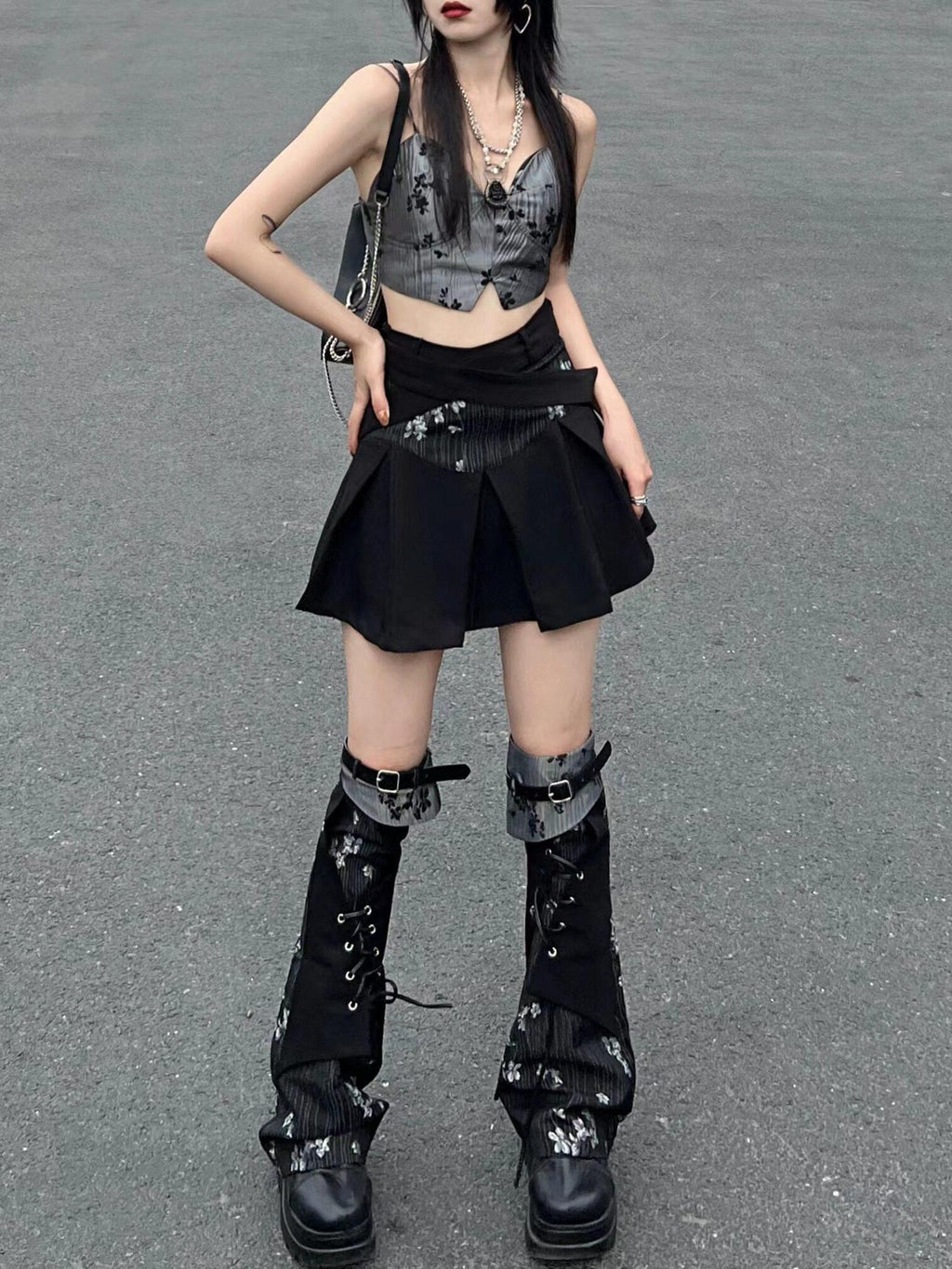 Frustration Garden Dark Gothic Patchwork Lace Up Asymmetrical Pleated A Line Top & Skirt Sets