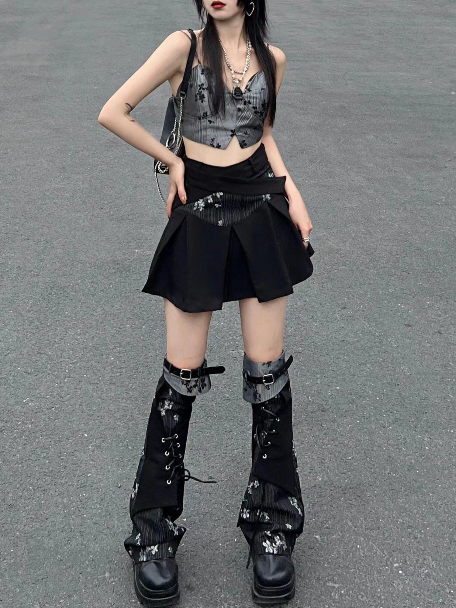 Frustration Garden Dark Gothic Patchwork Lace Up Asymmetrical Pleated A Line Top & Skirt Sets