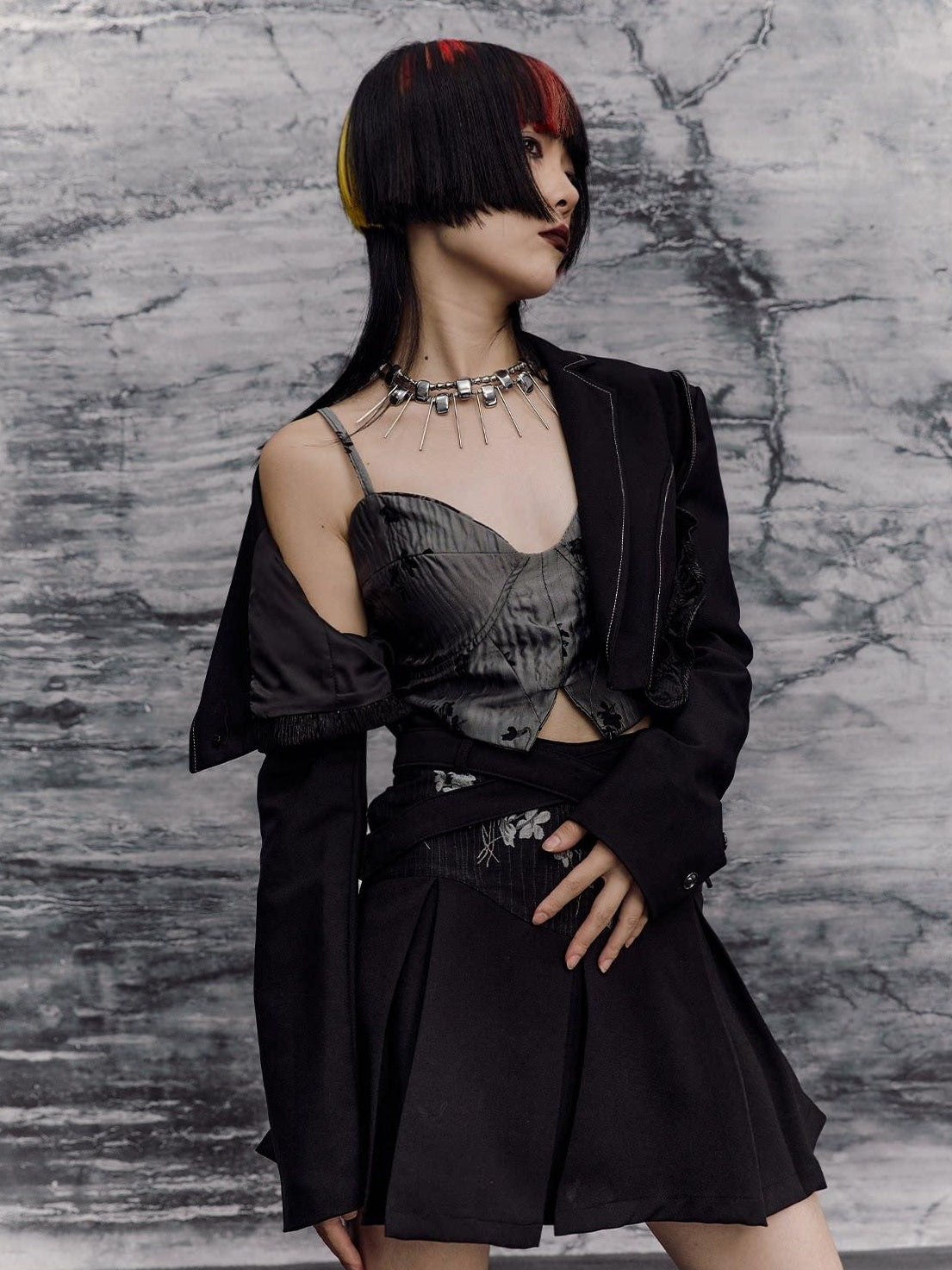 Frustration Garden Dark Gothic Patchwork Lace Up Asymmetrical Pleated A Line Top & Skirt Sets