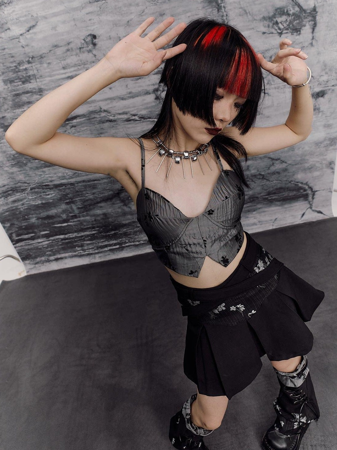 Frustration Garden Dark Gothic Patchwork Lace Up Asymmetrical Pleated A Line Top & Skirt Sets