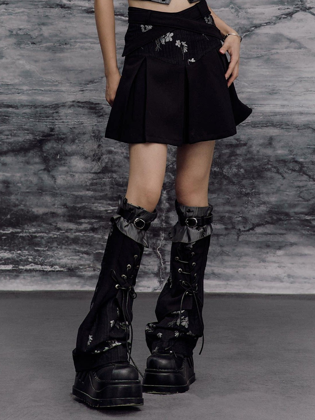 Frustration Garden Dark Gothic Patchwork Lace Up Asymmetrical Pleated A Line Top & Skirt Sets