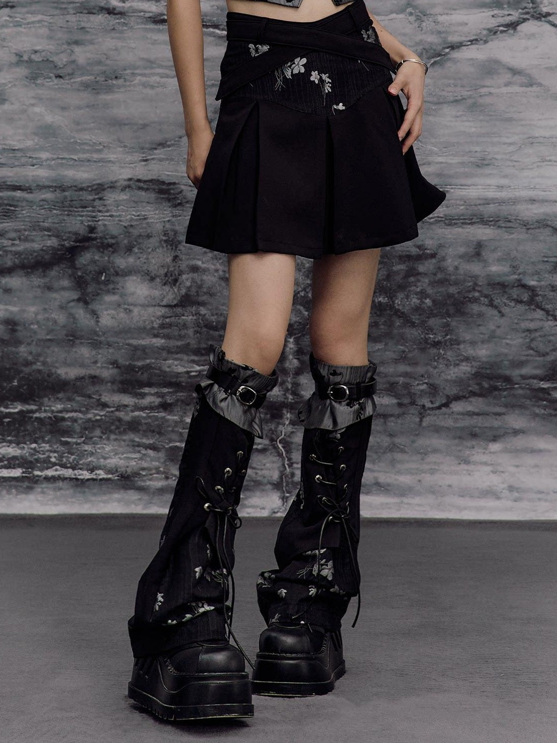 Frustration Garden Dark Gothic Patchwork Lace Up Asymmetrical Pleated A Line Top & Skirt Sets