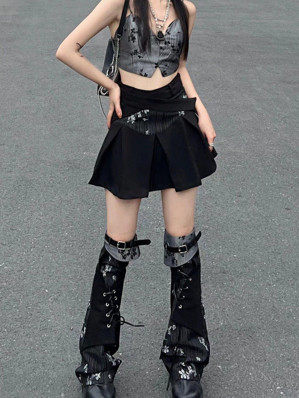 Frustration Garden Dark Gothic Patchwork Lace Up Asymmetrical Pleated A Line Top & Skirt Sets