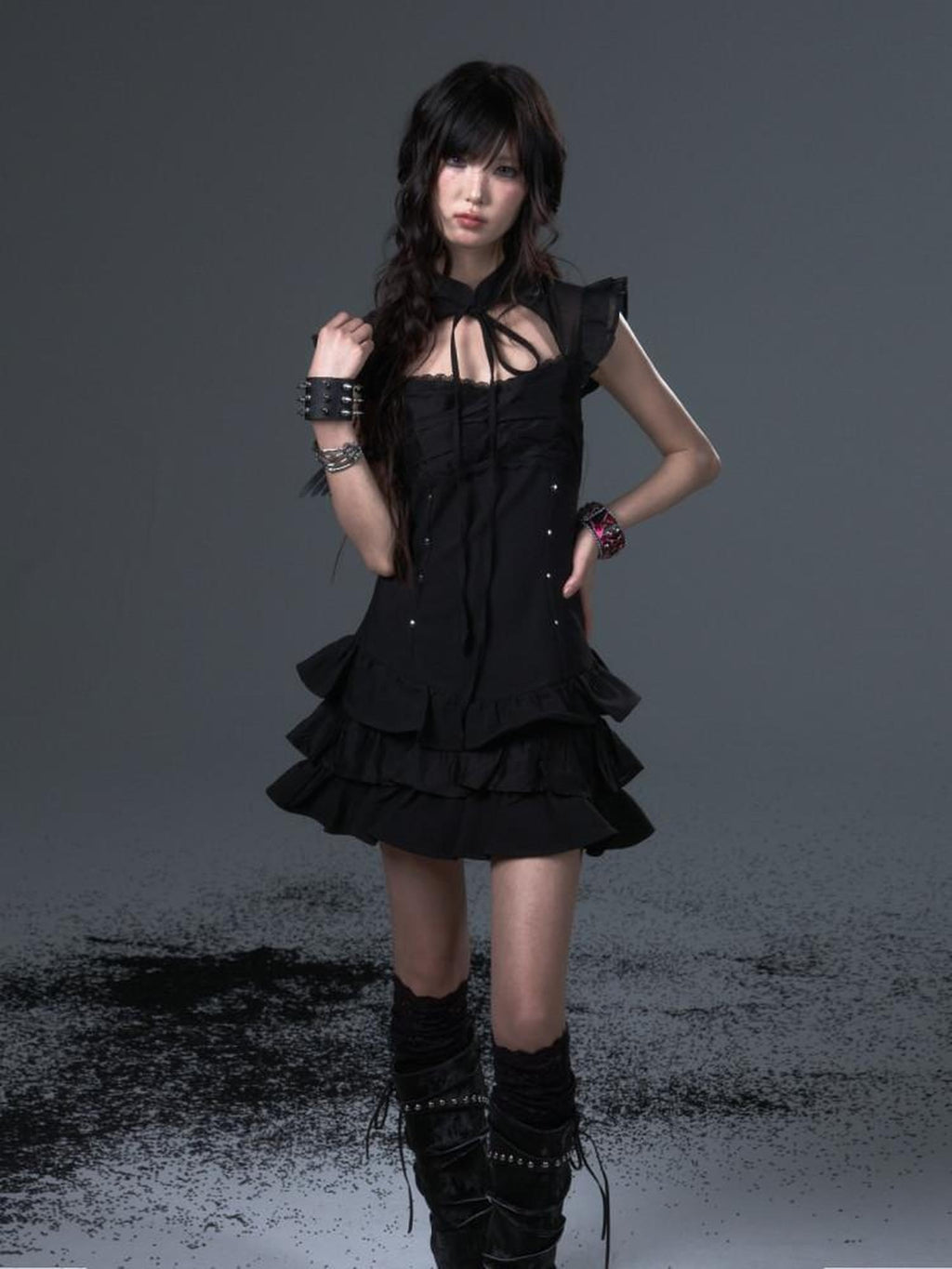 Frustration Garden Dark Gothic Tie Waist Flutter Sleeves Black Tiered Skirt Casual Mini Dresses